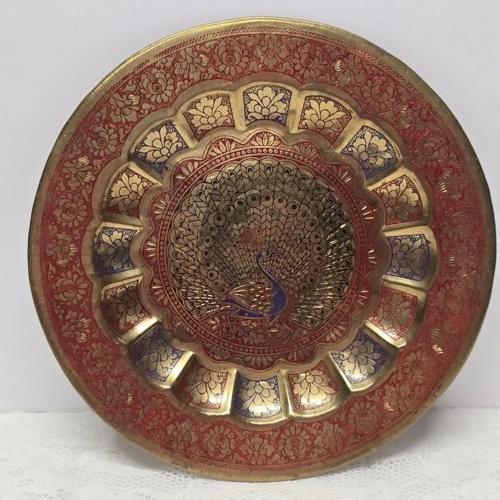 Vintage Engraved Peacock Brass Red Blue Enamel Wall Hanging Traditional Plate